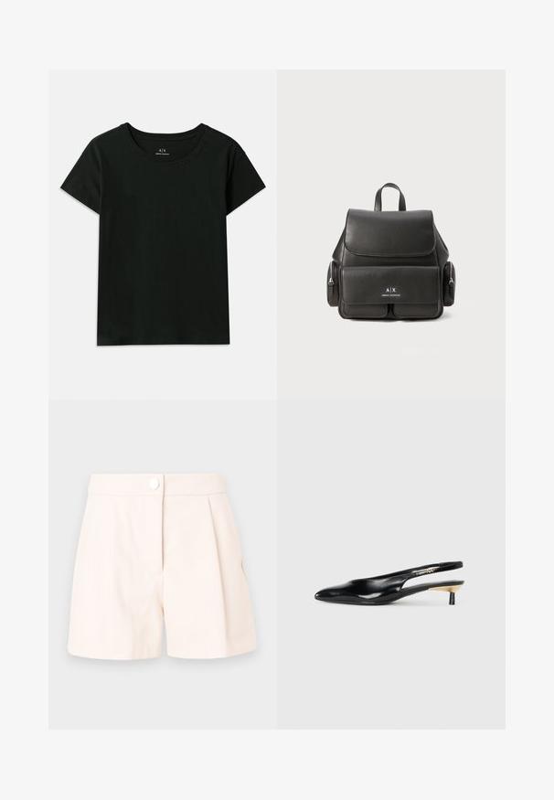Black short-sleeve T-shirt made of cotton. Features a crew neck and embossed "Armani Exchange" text along the shoulder. Simple design.; Beige pleated shorts made of lightweight fabric, featuring a button closure and clean, tailored lines. Smooth texture and minimal design.; Black slingback pump with a pointed toe, glossy leather finish, and a small heel with a gold accent. Sleek design with a open back.; Black leather backpack with a flap closure, front pocket, side zipper compartments, and a top handle. Features logo detailing at the front.
