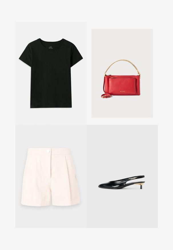Black short-sleeve T-shirt made of cotton. Features a crew neck and embossed "Armani Exchange" text along the shoulder. Simple design.; Beige pleated shorts made of lightweight fabric, featuring a button closure and clean, tailored lines. Smooth texture and minimal design.; Black slingback pump with a pointed toe, glossy leather finish, and a small heel with a gold accent. Sleek design with a open back.; Red leather handbag with a textured finish, gold chain and strap, front zipper pocket, and embossed logo. Compact and structured design.