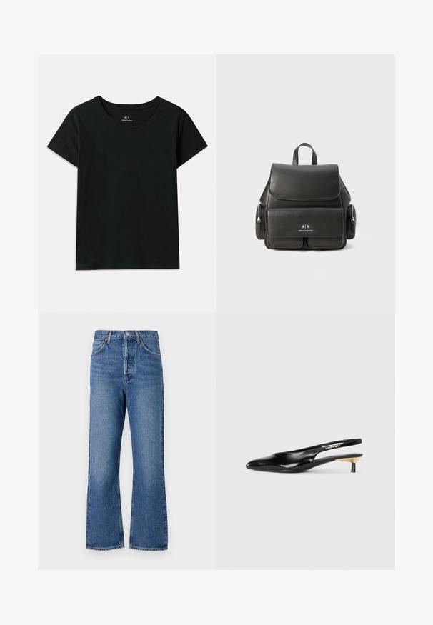 Fekete, rövid ujjú pamut póló. Kerek nyakú, az „Armani Exchange” felirat dombornyomott formában található a vállnál. Egyszerű dizájn.; Magas derekú kék farmernadrág egyenes szárú kialakítással, öt zsebbel és finom kopással. Klasszikus gombos zárás és varrási részletek.; Fekete slingback pump, hegyes orral, fényes bőr felülettel és kis sarokkal, arany kiegészítéssel. Elegáns kialakítás nyitott háttal.; Fekete bőr hátizsák, fedéllal záródik, elülső zsebbel, oldalsó cipzáras rekeszekkel és felső fogantyúval rendelkezik. Az elején logó részletezéssel.
