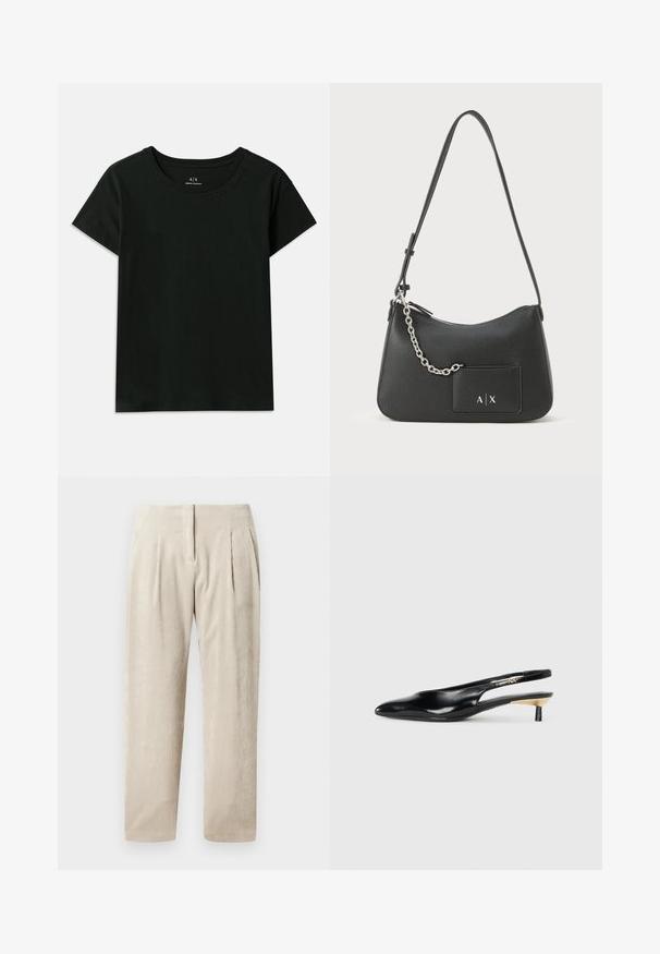 T-shirt preto de manga curta, feito de algodão. Apresenta um decote redondo e texto em relevo "Armani Exchange" ao longo do ombro. Design simples.; Calças de veludo cotelê bege com riscas verticais, apresentando dois pregas frontais, um ajuste ajustado e um design de perna reta.; Sapatilha preta estilo slingback com bico fino, acabamento em couro brilhante e um pequeno salto com um detalhe dourado. Design elegante com parte de trás aberta.; Bolsa de ombro em couro preto com acabamento texturizado, fecho em zip e detalhe em corrente prateada. Apresenta um bolso frontal com detalhe de logotipo.