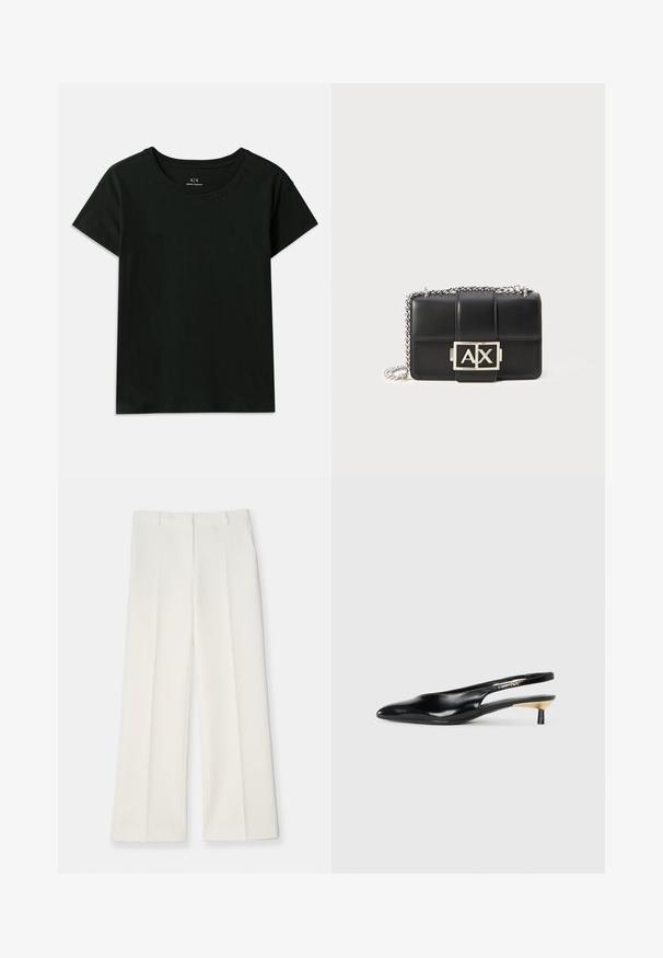 Sort kortærmet T-shirt lavet af bomuld. Har en rund halsudskæring og prægede "Armani Exchange"-tekster langs skulderen. Enkelt design.; Breddebukser i lys creme farvet stof, med en glat tekstur, frontfolder og to sidelommer. Skræddersyet talje-design.; Sort slingback stiletto med spids tå, blank læderfinish og en lille hæl med guldaccent. Slankt design med åben ryg.; Sorte læderhåndtaske med quiltet design, sølvfarvet kædestrop og et fremtrædende sølvfarvet "AX" logo på fronten. Kompakt rektangulær form.