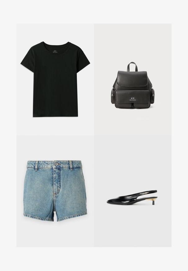 Černé tričko s krátkým rukávem vyrobené z bavlny. Má kulatý výstřih a vyražený text "Armani Exchange" podél ramene. Jednoduchý design.; Džínové šortky v světle modré barvě s vybledlou texturou, rovného střihu a ohrnutými okraji. Mají přední knoflík a klasický 5-kapsový design.; Černé slingback lodičky s špičatou špičkou, lesklým koženým povrchem a malým podpatkem se zlatým akcentem. Elegantní design s otevřenou zadní částí.; Černý kožený batoh s klopou, přední kapsou, bočními zipovými přihrádkami a horní rukojetí. Na přední straně je umístěno logo.