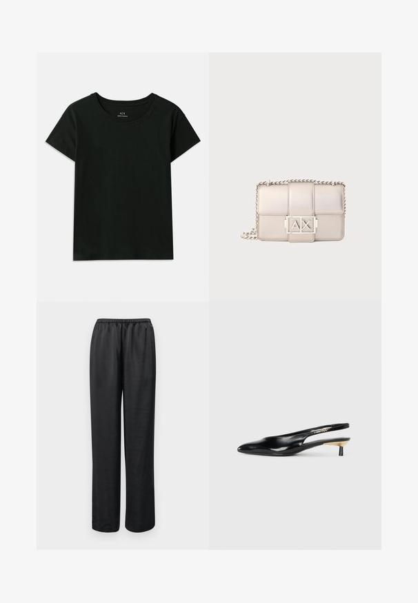Svart kortermet T-skjorte laget av bomull. Har rund hals og preget "Armani Exchange"-tekst langs skulderen. Enkel design.; Svarte, vide bukser med elastisk midje. Laget av et glatt stoff, med rette ben og uten synlige lommer eller pynt.; Sorte slingback pumps med spiss tå, glanset skinnfinish og en liten hæl med gullakcent. Elegant design med åpen bak.; Beige, kviltet læderhåndtaske med en sølvfarvet kædestropp, der har en rektangulær form og en fremtrædende AX-logo hardwaredetalje.