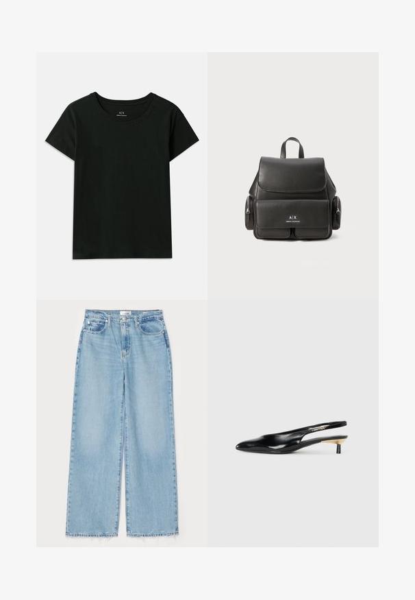 Schwarzes kurzärmeliges T-Shirt aus Baumwolle. Verfügt über einen Rundhalsausschnitt und geprägten "Armani Exchange"-Schriftzug entlang der Schulter. Einfaches Design.; Hellblaue weit geschnittene Jeans aus Denim, mit einem fransigen Saum, klassischem Fünf-Taschen-Design und einem Knopfverschluss an der Taille.; Schwarze Slingback-Pumps mit spitzem Zehenbereich, glänzendem Lederfinish und kleinem Absatz mit goldenen Akzenten. Elegantes Design mit offenem Rücken.; Schwarzer Leder-Rucksack mit Klappenverschluss, Fronttasche, seitlichen Reißverschlusstaschen und einem oberen Griff. Mit Logodetails auf der Vorderseite.