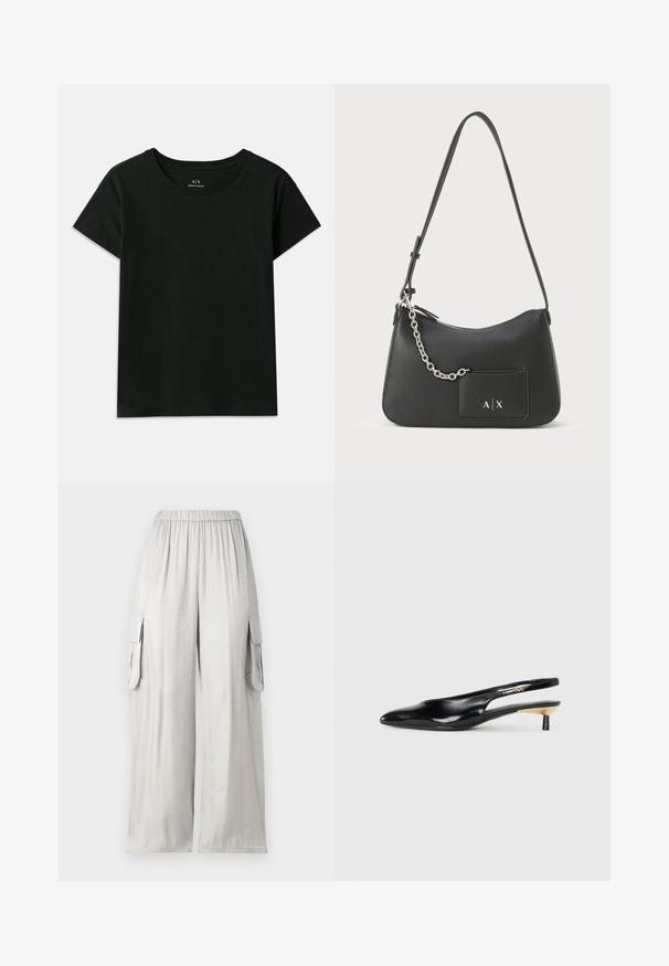 T-shirt preto de manga curta, feito de algodão. Apresenta um decote redondo e texto em relevo "Armani Exchange" ao longo do ombro. Design simples.; Calças largas cinza claro feitas de tecido suave, com um cós elástico e dois bolsos laterais estilo cargo.; Sapatilha preta estilo slingback com bico fino, acabamento em couro brilhante e um pequeno salto com um detalhe dourado. Design elegante com parte de trás aberta.; Bolsa de ombro em couro preto com acabamento texturizado, fecho em zip e detalhe em corrente prateada. Apresenta um bolso frontal com detalhe de logotipo.