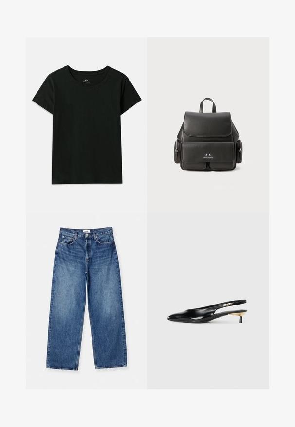 Black short-sleeve T-shirt made of cotton. Features a crew neck and embossed "Armani Exchange" text along the shoulder. Simple design.; Agolde LOW SLUNG BAGGY - Relaxed fit jeans - essence/dark indigo; Black slingback pump with a pointed toe, glossy leather finish, and a small heel with a gold accent. Sleek design with a open back.; Black leather backpack with a flap closure, front pocket, side zipper compartments, and a top handle. Features logo detailing at the front.