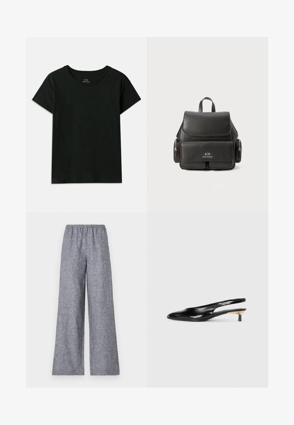Black short-sleeve T-shirt made of cotton. Features a crew neck and embossed "Armani Exchange" text along the shoulder. Simple design.; Wide-leg trousers in a textured gray fabric. Features an elastic waistband for comfort. The design is minimal with no visible patterns or accents.; Black slingback pump with a pointed toe, glossy leather finish, and a small heel with a gold accent. Sleek design with a open back.; Black leather backpack with a flap closure, front pocket, side zipper compartments, and a top handle. Features logo detailing at the front.