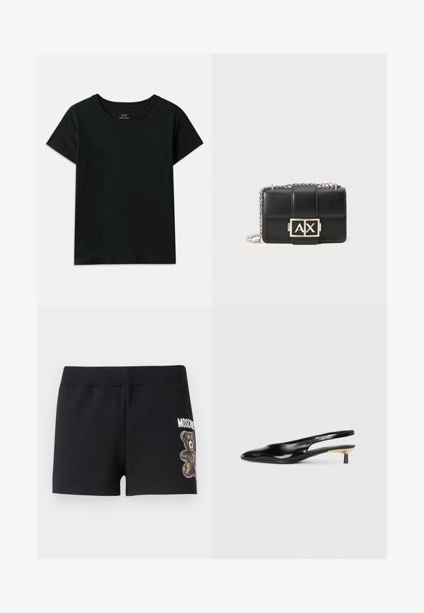 Black short-sleeve T-shirt made of cotton. Features a crew neck and embossed "Armani Exchange" text along the shoulder. Simple design.; Black cotton shorts with a soft texture, featuring a teddy bear graphic and the word "Moschino" in white on the side.; Black slingback pump with a pointed toe, glossy leather finish, and a small heel with a gold accent. Sleek design with a open back.; Black leather handbag with quilted design, silver chain strap, and a prominent silver "AX" logo on the front. Compact rectangular shape.