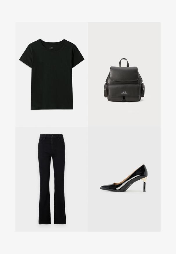 Črna kratka majica s kratkimi rokavi, narejena iz bombaža. Ima okroglo izrez in embosirano besedilo "Armani Exchange" ob rami. Preprost dizajn.; Črne široke jeans hlače, narejene iz mešanice bombaža. Imajo gumbasto zapiranje, zanke za pas in dva sprednja žepa za praktično uporabo.; Črne lakirane visoke pete s šiljastim nosom in izrezljanim vzorcem; vsebujejo eleganten zlati detajl na peti. Preprosto in elegantno.; Črn usnjeni nahrbtnik z zapiranjem na pokrov, sprednjim žepom, bočnimi zadrgami in ročajem na vrhu. Ima logotip na sprednji strani.