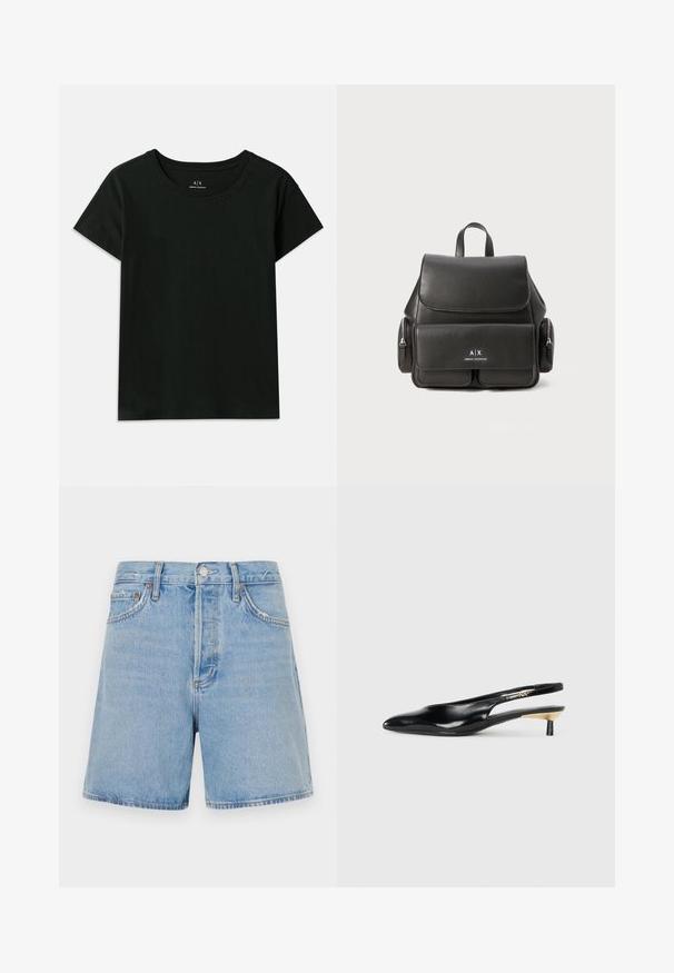 Svart kortärmad T-shirt i bomull. Har en rund hals och präglad "Armani Exchange" text längs axeln. Enkelt design.; Ljust blå denimshorts med rak skärning, två framfickor, knapplås och dragkedja samt lätt slitning längs kanterna.; Svart slingback-pump med spetsig tå, glansigt läderfinish och en liten klack med guldaccent. Snygg design med öppen bak.; Svart läderryggsäck med lockstängning, framficka, sidofickor med dragkedja och ett handtag på toppen. Har logotypdetaljer på framsidan.