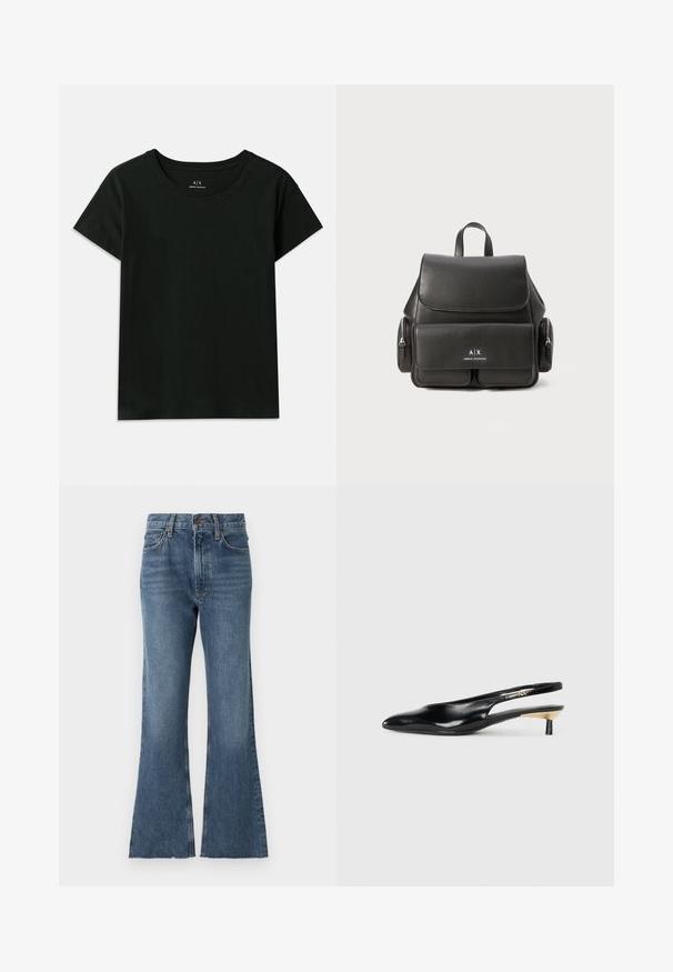 Schwarzes kurzärmeliges T-Shirt aus Baumwolle. Verfügt über einen Rundhalsausschnitt und geprägten "Armani Exchange"-Schriftzug entlang der Schulter. Einfaches Design.; Denim-Jeans mit weitem Bein in mittlerem Blauton, hoher Taillenschnitt, traditioneller Fünf-Taschen-Stil und ausgefranstem Saum am unteren Ende.; Schwarze Slingback-Pumps mit spitzem Zehenbereich, glänzendem Lederfinish und kleinem Absatz mit goldenen Akzenten. Elegantes Design mit offenem Rücken.; Schwarzer Leder-Rucksack mit Klappenverschluss, Fronttasche, seitlichen Reißverschlusstaschen und einem oberen Griff. Mit Logodetails auf der Vorderseite.