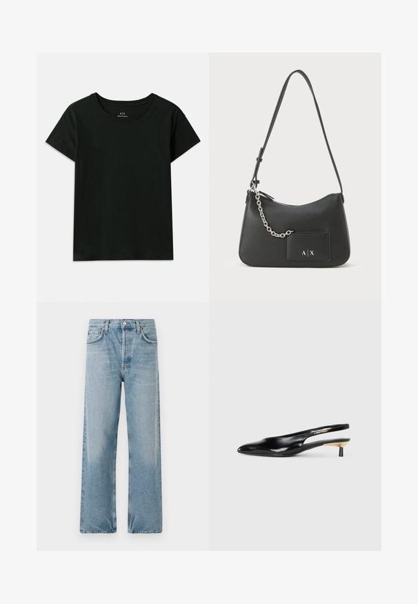 Tricou scurt negru din bumbac. Prezintă un guler tip crew neck și textul embosat "Armani Exchange" pe umăr. Design simplu.; Jeans din denim de un albastru deschis, cu talie înaltă, croială largă și design cu cinci buzunare. Prezintă un sistem de prindere cu nasturi și decolorări subtile.; Pantof cu toc slingback negru, cu vârful ascuțit, finisaj din piele lucioasă și un toc mic cu un accent auriu. Design elegant cu spatele deschis.; Geantă de umăr din piele neagră, cu o finisare texturată, închidere cu zipper și un accent din lanț argintiu. Include o broască frontală cu detalii ale logo-ului.