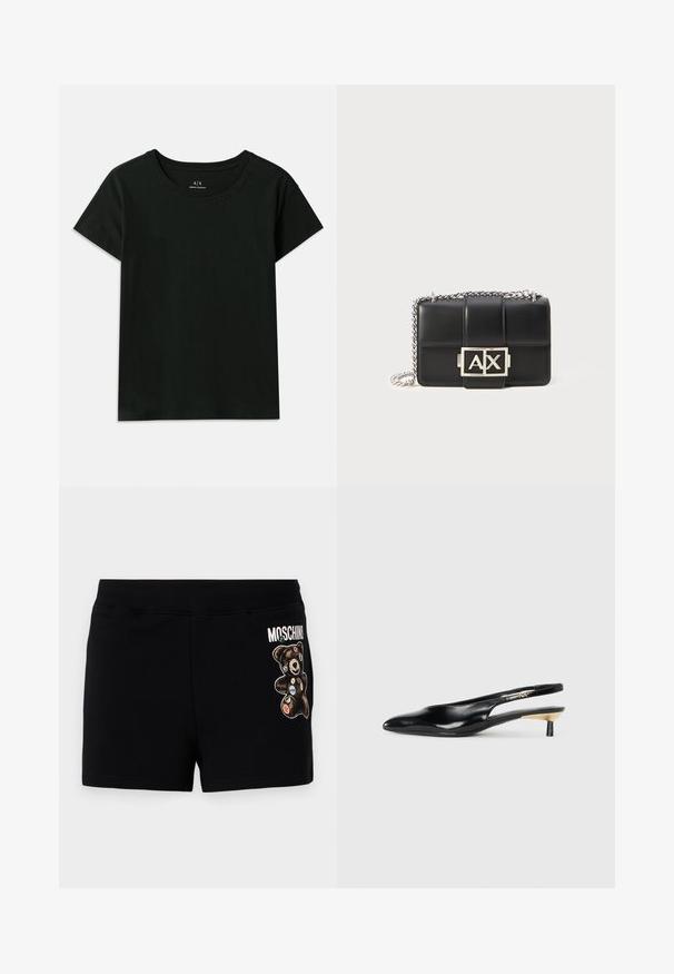 Melnā īsās piedurknes T-kreklā, kas izgatavots no kokvilnas. Piedāvā apaļu kakla izgriezumu un augšējiem pleciem iepresētu "Armani Exchange" tekstu. Vienkāršs dizains.; Melnas kokvilnas šorti ar maigu lāča grafiku, kas rotāta ar krāsainām plāksteriem. Josta ir elastīga, nodrošinot ērtumu un pārējās brīvas formas.; Melnas slingback pump kurpes ar smailu purngalu, spīdīgu ādas apdari un mazu papēdi ar zelta akcentu. Elegants dizains ar atvērtu aizmuguri.; Melnas ādas rokassomu ar quiltēta dizaina, sudraba ķēdes siksnu un izteiksmīgu sudraba "AX" logotipu priekšpusē. Kompaktā taisnstūra forma.