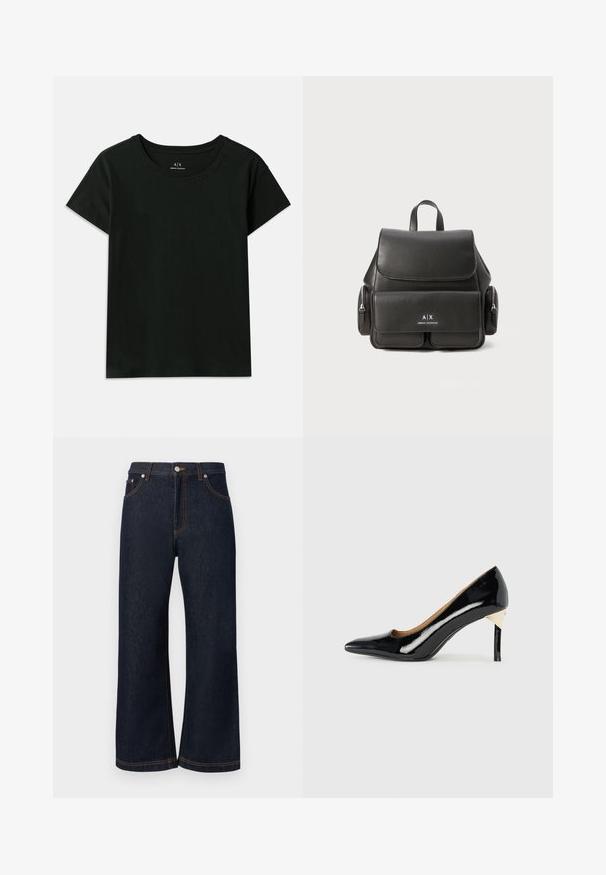 Fekete, rövid ujjú pamut póló. Kerek nyakú, az „Armani Exchange” felirat dombornyomott formában található a vállnál. Egyszerű dizájn.; Sötét mosású farmernadrág széles lábakkal, narancssárga varrással és elöl gombos záródással. Nincs látható kopás vagy minta.; Fekete lakkbőrből készült magassarkú cipő, hegyes orral és kivágott dizájnnal; elegáns arany kiegészítő a saroknál. Egyszerű és elegáns.; Fekete bőr hátizsák, fedéllal záródik, elülső zsebbel, oldalsó cipzáras rekeszekkel és felső fogantyúval rendelkezik. Az elején logó részletezéssel.