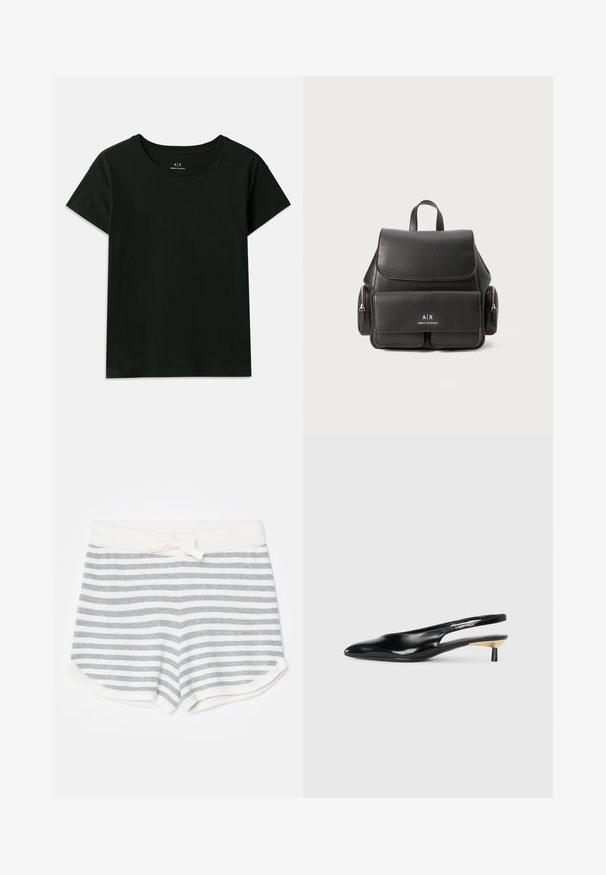 Schwarzes kurzärmeliges T-Shirt aus Baumwolle. Verfügt über einen Rundhalsausschnitt und geprägten "Armani Exchange"-Schriftzug entlang der Schulter. Einfaches Design.; KNITID STRIPE - Shorts - gray; Schwarze Slingback-Pumps mit spitzem Zehenbereich, glänzendem Lederfinish und kleinem Absatz mit goldenen Akzenten. Elegantes Design mit offenem Rücken.; Schwarzer Leder-Rucksack mit Klappenverschluss, Fronttasche, seitlichen Reißverschlusstaschen und einem oberen Griff. Mit Logodetails auf der Vorderseite.