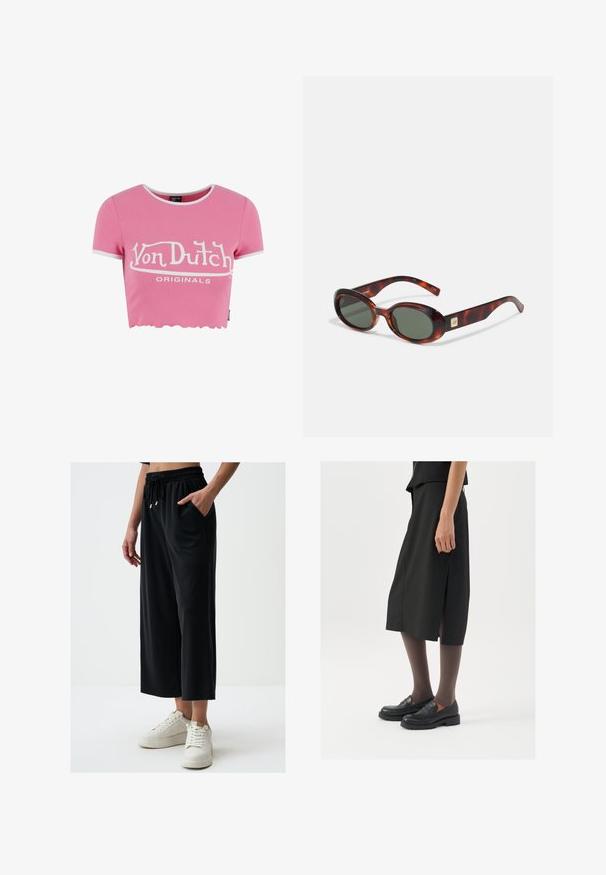 Różowa krótka koszulka z żeberkowanej tkaniny z białym falbanym dołem. Posiada logo "Von Dutch" w białym nadruku na piersi. Krótkie rękawy.; Czarne szerokie spodnie wykonane z miękkiego materiału, z elastycznym paskiem w pasie z możliwością regulacji, kieszeniami po bokach oraz gładką strukturą.; Czarna spódnica do kolan z bocznym rozcięciem, połączona z czarnymi mokasynami i przezroczystymi brązowymi rajstopami, charakteryzująca się gładkim materiałem i prostym wzorem.; Okulary przeciwsłoneczne w kolorze skorupy żółwia z ciemnymi soczewkami, o owalnym kształcie i szerokich zausznikach. Zawierają mały złoty akcent po bokach. Wykonane z gładkiego tworzywa sztucznego.