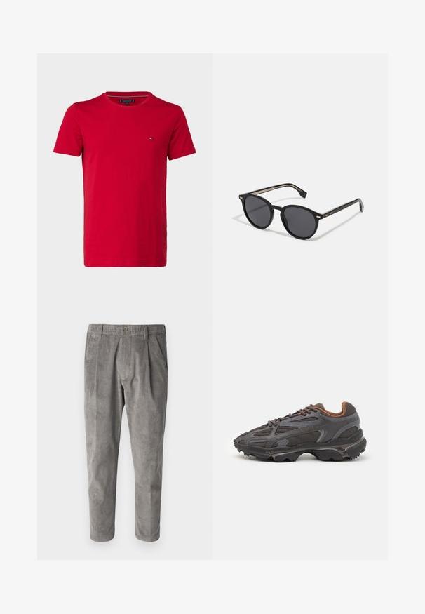 Červené bavlněné tričko s krátkým rukávem, kulatým výstřihem a malým logem na levé hrudi. Hladká textura a běžný střih.; Šedé kordové kalhoty s texturovaným vertikálním pruhovaným vzorem, s knoflíkovým zapínáním a dvěma bočními kapsami. Přiléhavý střih a zkrácená délka.; Sněrovací boty Lacoste v tmavě šedé barvě s síťovinou a syntetickým materiálem, prezentující texturovanou podrážku a hnědé detaily na límci a logu.; BOSS Sluneční brýle - black
