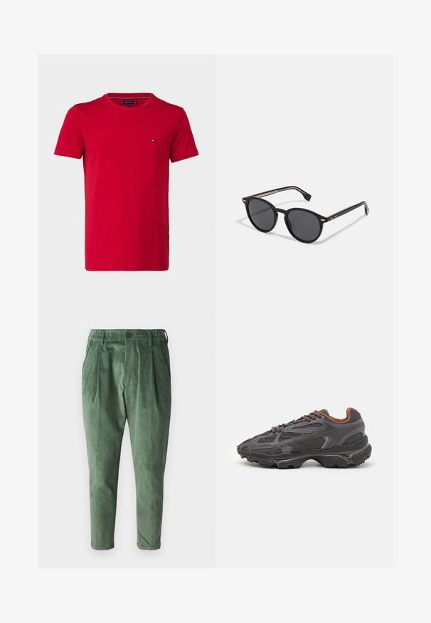Czerwony bawełniany T-shirt z krótkimi rękawami, okrągłym dekoltem i małym logo na lewej piersi. Gładka faktura i standardowy krój.; Zielone spodnie z korduroju o regularnym kroju, z plisami, elastycznym pasem i pojedynczym zapięciem na guzik. Gładki, teksturowany materiał.; Sneakers Lacoste w ciemnoszarym kolorze, wykonane z siateczki i materiału syntetycznego, z teksturowaną podeszwą oraz brązowymi akcentami na kołnierzu i logotypie.; BOSS Okulary przeciwsłoneczne
