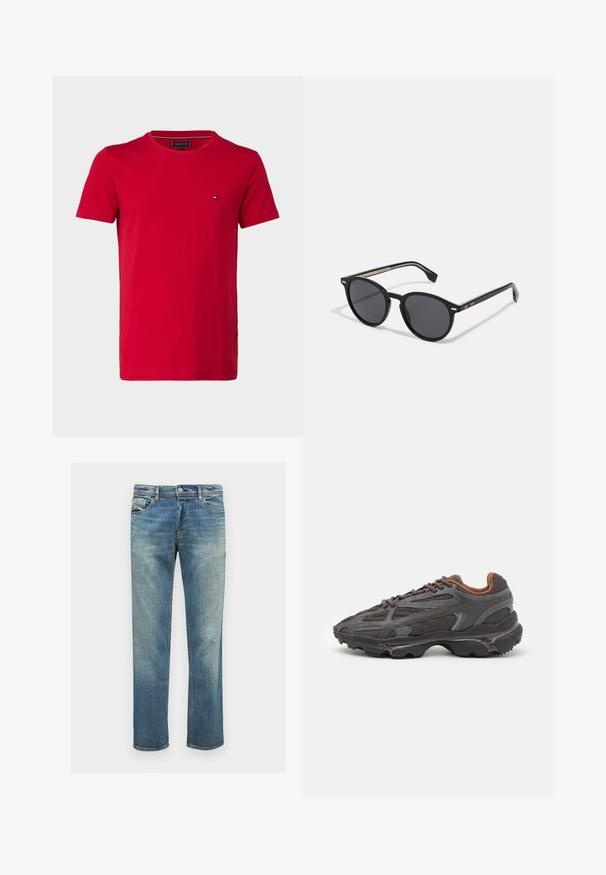 Raudona medvilninė marškinė su trumpomis rankovėmis, apvaliu kaklu ir mažu logo kairėje krūtinės pusėje. Lygi tekstūra ir įprasta forma.; Mėlyni džinsai su tiesiu kirpimu, lengvą plaunimo, penkių kišenių dizainu, subtiliu siuvinėjimu ir mygtuko bei užtrauktuko uždarymu.; Lacoste sportbačiai tamsiai pilki, pagaminti iš tinklinės ir sintetinių medžiagų, su tekstūruotu padu ir rudomis detalėmis ant apykaklės bei prekės ženklo.; BOSS Akiniai nuo saulės - black