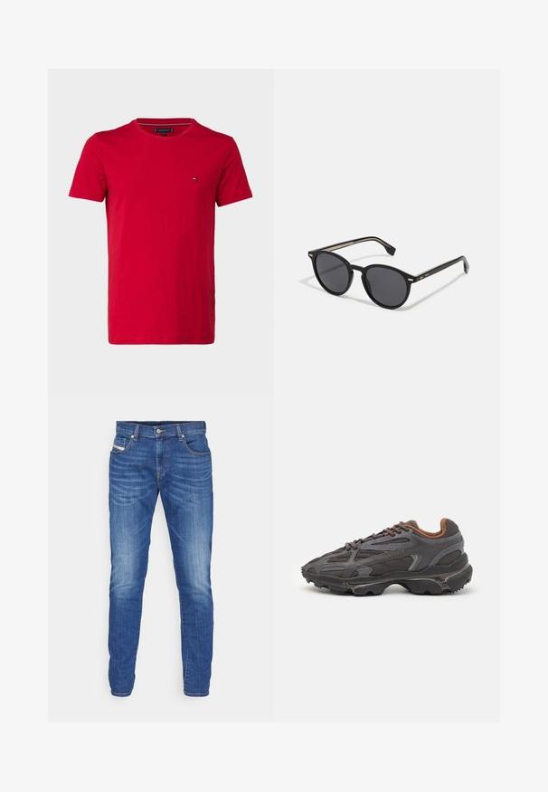 Crvena pamučna majica s kratkim rukavima, okruglim izrezom i malim logom na lijevoj strani prsiju. Glatka tekstura i regularna kroja.; Plave traperice s ravnim nogavicama, svijetli wash finish, pet džepova, kopčanje na dugme i narančasti šavovi.; Lacoste tenisice u tamno sivoj boji s mrežastim i sintetičkim materijalom, s teksturiranom potplatom i smešnim akcentima na ovratniku i brandiranju.; BOSS Sunčane naočale - black