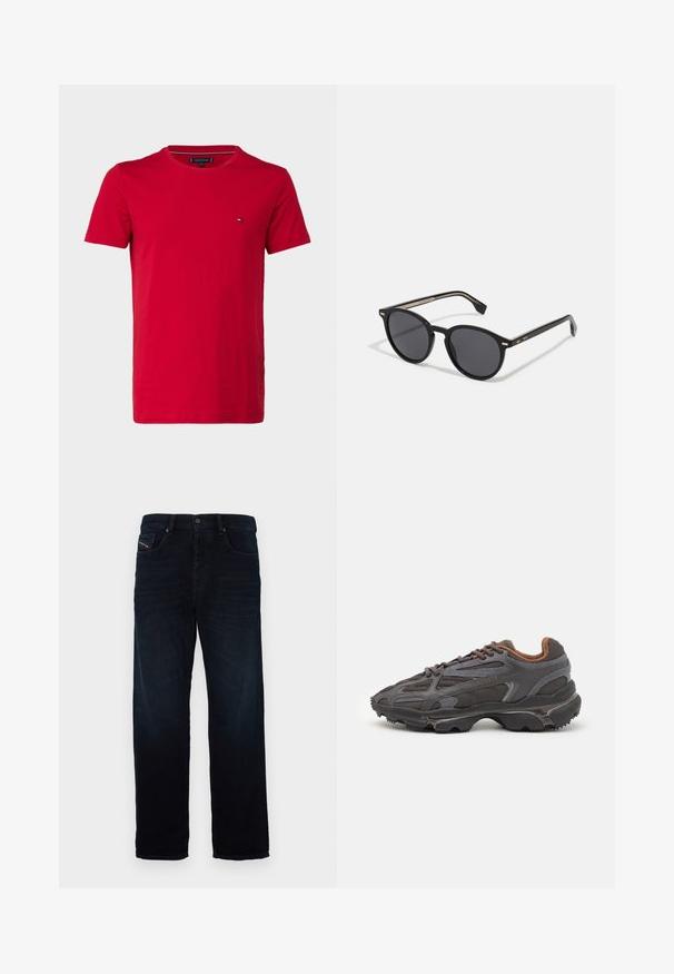 T-shirt in cotone rosso con maniche corte, collo rotondo e un piccolo logo sul lato sinistro del petto. Texture liscia e vestibilità regolare.; Jeans in denim blu scuro con design a gamba dritta, dotati di una tasca frontale e chiusura con bottone. Il tessuto ha una texture liscia e una leggera lucentezza.; Sneaker Lacoste grigie scure in materiale mesh e sintetico, con suola testurizzata e dettagli marroni sul colletto e sul branding.; BOSS Occhiali da sole - black