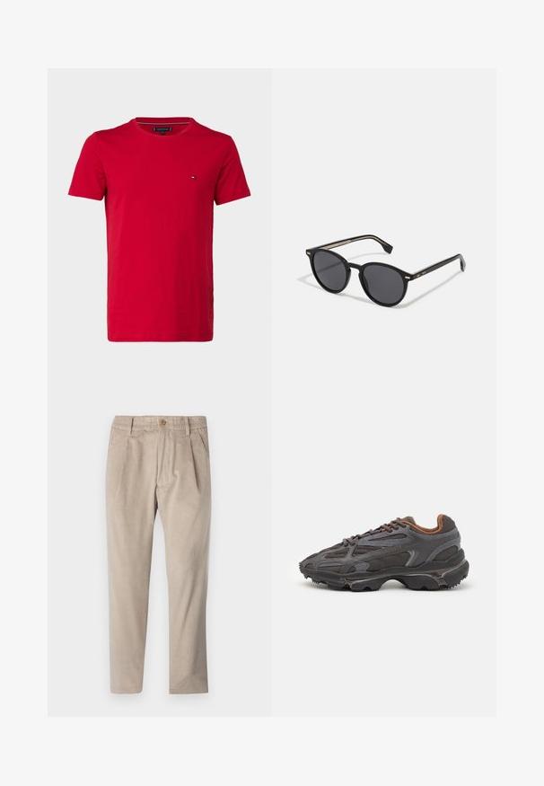 Red cotton t-shirt with short sleeves, crew neck, and a small logo on the left chest. Smooth texture and regular fit.; Beige corduroy pants with an elastic waistband, button closure, and pleat details, featuring a straight leg design and textured fabric.; Lacoste sneakers in dark gray with mesh and synthetic material, featuring a textured sole and brown accents on the collar and branding.; BOSS Sunglasses - black