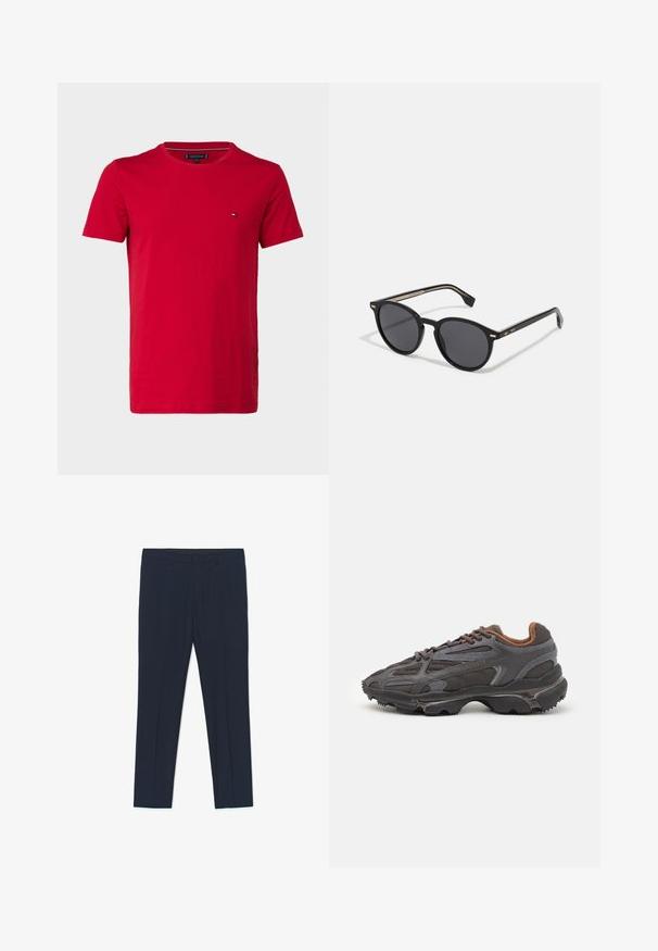 Punainen puuvillapaita, jossa on lyhyet hihat, pyöreä pääntie ja pieni logo vasemmassa rinnassa. Silkkinen rakenne ja normaali istuvuus.; Laivastonsiniset viralliset housut, joissa on räätälöity muotoilu, sileä pinta ja kaksi etutaskua, puhtaat linjat ja suora istuvuus.; Lacoste-tennar i mörkgrått med nät- och syntetmaterial, med en texturerad sula och bruna accenter på kragen och märket.; BOSS Aurinkolasit - black