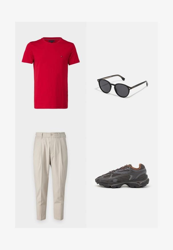 Red cotton t-shirt with short sleeves, crew neck, and a small logo on the left chest. Smooth texture and regular fit.; DRYKORN CHASY - Chinos - brown; Lacoste sneakers in dark gray with mesh and synthetic material, featuring a textured sole and brown accents on the collar and branding.; BOSS Sunglasses - black; Calvin Klein ELECTRIC - Bracelet - silver-coloured
