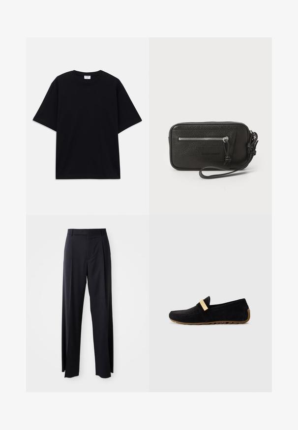 Fekete, rövid ujjú, oversize póló kerek nyakkivágással és látható Filippa K márkacédulával a gallér belső részén.; Fekete, magasan ültetett nadrág, széles szárai vannak, sima anyagból készült. Elülső redők és övhurkok jellemzik. Minimalista dizájn, látható fémalkatrészek nélkül.; Fekete velúr mokaszin aranyszínű sávval a vampnál, lapos gumitalppal, amely textúrázott tapadással rendelkezik, valamint lekerekített orrrel.; Fekete bőr kézitáska texturált felülettel, elülső cipzáras zsebbel és levehető csuklópánttal. Elől logóval ellátott folt található. Téglalap alakú.