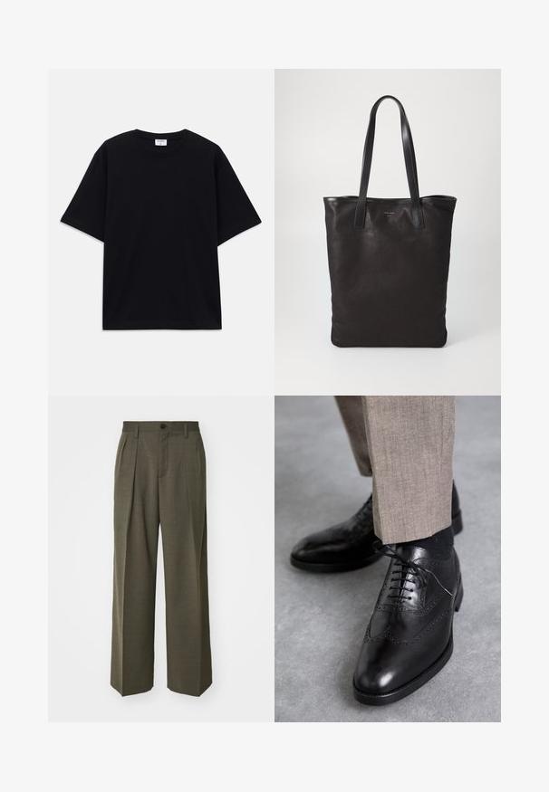 Must t-särk, lühikeste varrukatega, üle mõõdu, ümmarguse kaelusega ja nähtava Filippa K brändi sildiga kaelas.; Filippa K WIDE TROUSERS - Püksid - driftwood; Mustad nahast kleitkingad, millel on brogue-dekoreering, terav nina, paeltega disain ja sile tekstuur; koos heledate pruunide pükstega.; Mustmust kott mustade nahkade käepidemetega. Lihtne disain, avar keha ja sile tekstuur. Pole nähtavaid logosid ega mustreid.
