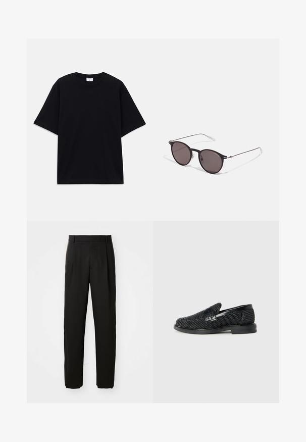 Čierne nadrozmerné tričko s krátkym rukávom a okrúhlym výstrihom, s viditeľnou značkovou etikou Filippa K vo vnútri goliera.; Čierne nohavice strihu s rovnými nohavicami, s plochým predným panelom a hladkou tkaninou.; Čierne tkané slip-on topánky s hladkým koženým akcentom na vrchnej časti, s okrúlym dizajnom špičky a nízkoprofilovou gumovou podrážkou.; Čierne okrúhle slnečné okuliare s tmavými sklami a tenkými kovovými ramenami. Obsahujú priehľadné konce rámov a strieborné akcenty na pántoch. Minimalistický dizajn.