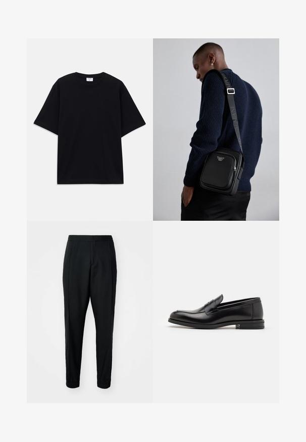 Zwarte oversized T-shirt met korte mouwen en ronde hals, met zichtbaar Filippa K merkelabel aan de binnenkant van de kraag.; Zwarte tapered broek met een gladde textuur, elastische tailleband en boorden. Voorzien van plooien aan de voorkant voor een nette uitstraling.; Zwarte leren instappers met een gladde textuur, ronde neus en een decoratieve band over de wreef. Lage, gestapelde hak en minimalistisch ontwerp.; Zwarteleren schoudertas met een ritscompartiment, logo-detail en een verstelbare band met merk. Draag gezien tegen een gestructureerde marineblauwe trui.