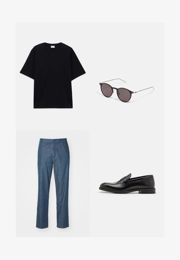Mustat lyhythihainen oversized T-paita, jossa on pyöreä kaula-aukko ja näkyvä Filippa K -tuotemerkki etiketti kauluksessa.; Tummansinisiä farkkuhousuja, joissa on suora lahkeidesign, varustettuna tavanomaisella vyötäröllä ja hienovaraisella tekstuurilla, roikkuen valkoista taustaa vasten.; Mustat nahkakengät, joissa on sileä pinta, pyöreä kärki ja koristeellinen nauha jalkapöydän yli. Matala pinoitu koroke, minimalistinen muotoilu.; Musta pyöreä aurinkolasit tummilla linsseillä ja kapeilla metallikehyksillä. Sisältää kirkkaat temppelet ja hopeiset yksityiskohdat saranassa. Minimalistinen muotoilu.