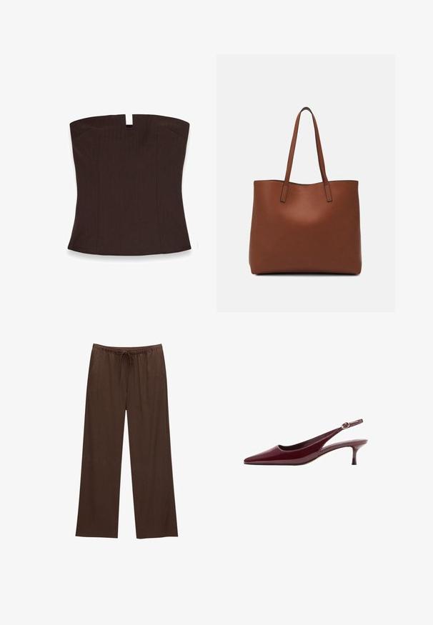 Top marrone senza spalline con scollatura dritta, caratterizzato da un dettaglio a chiave sul davanti, realizzato in tessuto liscio con una vestibilità su misura.; Pantaloni larghi marroni realizzati in tessuto morbido, con vita elastica e cordoncino, e due tasche laterali.; Tacchi slingback in pelle verniciata bordeaux con punta affilata e tacco sottile ed elegante, caratterizzati da un dettaglio di fibbia dorata sulla fascia.; Borsa tote in pelle marrone con texture liscia, design con apertura superiore e due spallacci. Presenta cuciture minime e nessun hardware visibile.