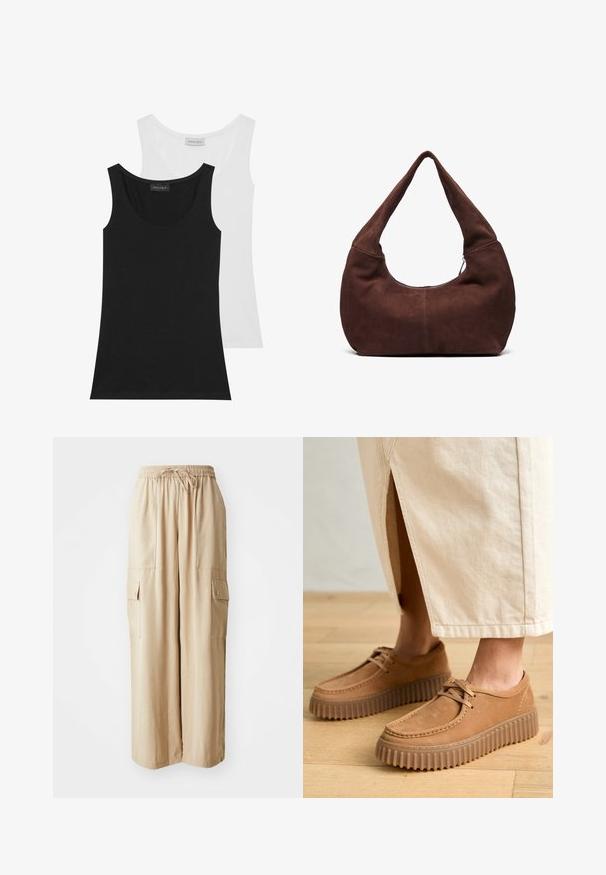 To par tanktoppe i sort og hvid. De er lavet af blød bomuld og har en rund halsudskæring samt ærmeløs design. Etiketterne er synlige bagpå.; Beige cargo bukser med brede ben, lavet af et let materiale. Har et elastisk taljebånd, snoretræk og sidelommer med klapper.; Brune lædersko med en tekstureret overflade, rund tå og tykke, ribbede såler. Snøre og syningsdetaljer forbedrer designet.; Brun ruskinds hobo taske med et buet, bredt håndtag og en stor åbning. Blød tekstur med synlige stikninger langs kanterne.