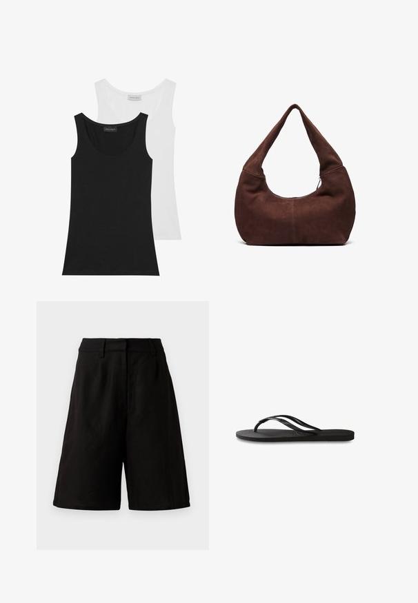 To tank topper i svart og hvitt. Laget av myk bomull, de har rund hals og er ermeløse. Merker er synlige på baksiden.; Svart shorts i en løs passform, laget av lett stoff med en jevn tekstur. Har en flat linning og minimal detaljering.; Svart flip-flop med teksturert gummisåle, to slanke stropper og en subtil, preget logo på stroppen.; Brun fløyelsveske med en buet, bred håndtak og en stor åpning. Mykt tekstur med synlig søm-detaljering langs kantene.