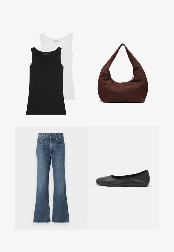 Dois tops de alças em preto e branco. Feitos de algodão macio, apresentam um decote redondo e design sem mangas. As etiquetas são visíveis na parte de trás.; Calças de ganga largas em lavagem azul média com cintura alta, apresentando o estilo clássico de cinco bolsos e a bainha desfiada na parte inferior.; Bailarina preta em pele com bico arredondado, textura suave, detalhe de costura minimalista e design de sola flexível.; Bolsa hobo em camurça castanha com uma alça curva e larga e uma grande abertura. Textura suave com costura visível ao longo das bordas.