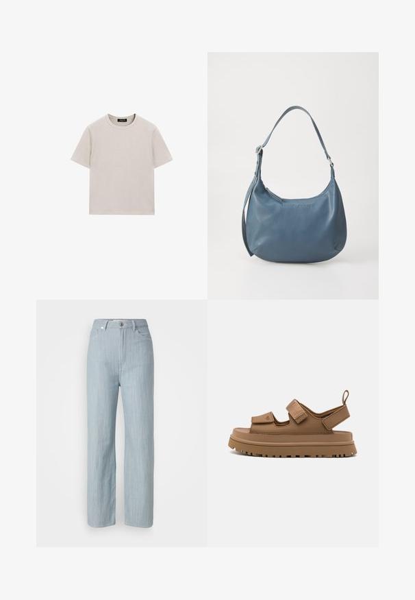 Light grey cotton t-shirt with short sleeves, a crew neckline, and a relaxed fit. Features minimal stitching and no visible patterns or accents.; Light blue straight-leg jeans made of denim. Features five pockets, a metal button closure, and subtle whiskering for texture.; UGG GOLDENGLOW - Platform sandals - bison brown; Blue leather handbag with a rounded shape, single shoulder strap, zip closure, and embossed brand name on the front. Smooth texture.