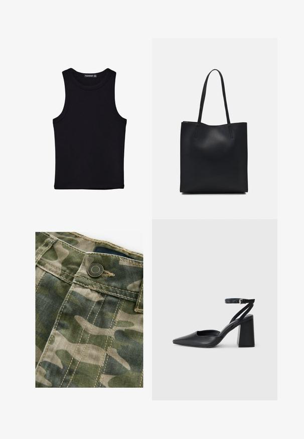 Crni top bez rukava od pamuka, s okruglim izrezom i širokim izrezima za ruke. Glatka tekstura s ušivenim rubovima. Klasičan, minimalistički dizajn.; Tkanina s kamuflažnim uzorkom u nijansama zelene i bež boje, s vidljivim šavovima, metalnim dugmetom i glatkom teksturom.; Crne kožne cipele s špicastim vrhom, remenom oko gležnja i debelim potplatom. Ravna tekstura, elegantan dizajn i minimalistička estetika.; Crna kožna torba za nošenje s glatkom teksturom, pravokutnim oblikom i dvije duge ručke. Nema vidljivih metalnih dijelova ili ukrasa.