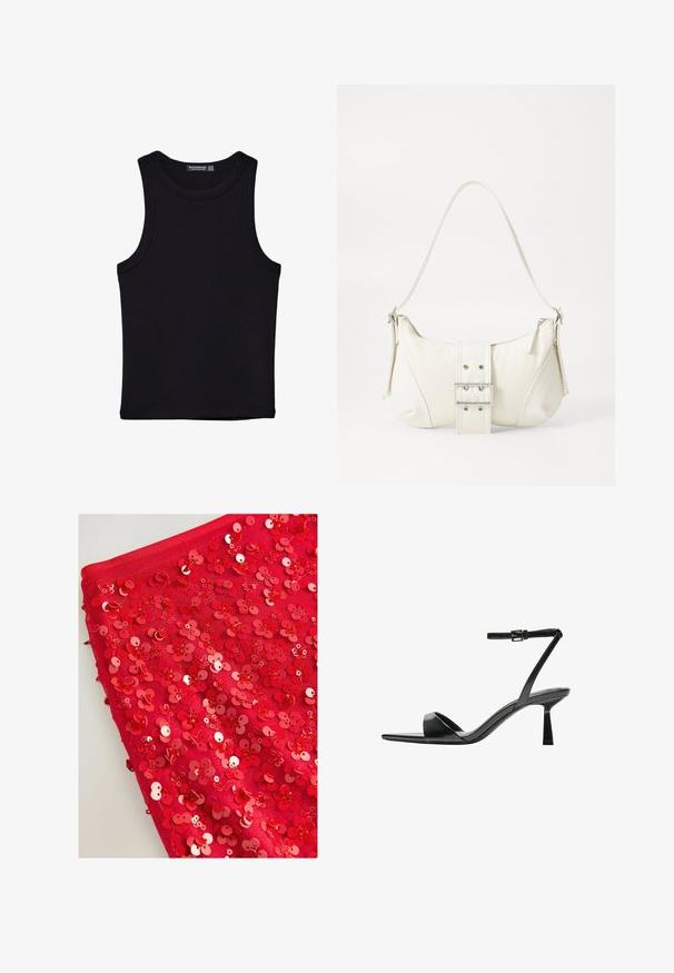 Black tank top made of cotton, featuring a round neckline and wide armholes. Smooth texture with stitched hems. Classic, minimalist design.; Red fabric covered in shiny red sequins shaped like flowers, featuring varying sizes and textures, creating a layered, textured appearance.; Bershka High heeled sandals - black; White shoulder bag with a textured finish, a central buckle accent, and a curved shape. Zipper closures on both sides.