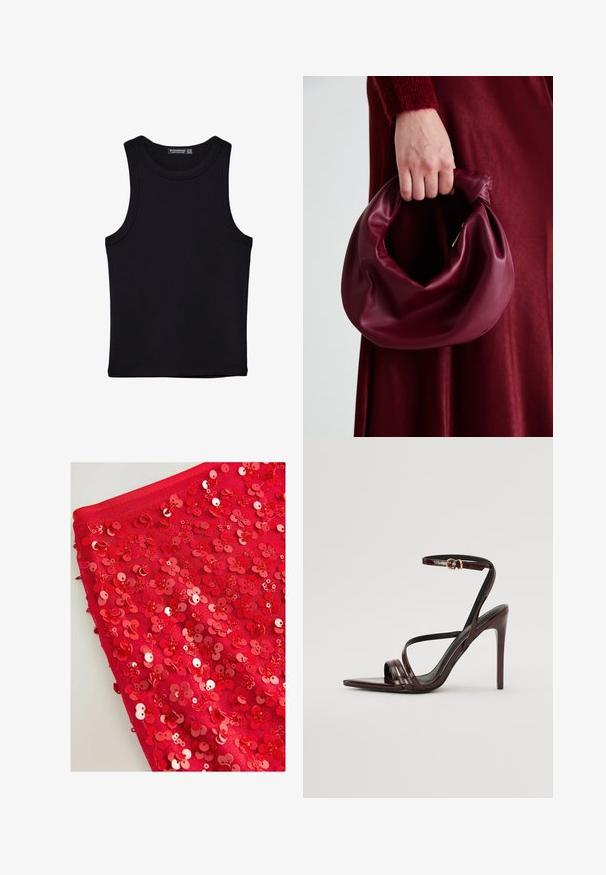 Musta hihaton paita, joka on valmistettu puuvillasta, ja jossa on pyöreä kaula-aukko sekä leveät kainaloaukot. Silkkinen pinta ja ommellut reunat. Klassinen, minimalistinen muotoilu.; Punainen kangas, joka on peitetty kiiltävillä punaisilla paljeteilla, jotka on muotoiltu kukkien muotoon. Paljetit eroavat koossa ja tekstuurissa, luoden kerroksellisen ja tekstuuritun ilmeen.; Burgundy patentoitu nahkainen korkokenkä, jossa on nilkkaremmi, teräväkärkinen muotoilu ja kolme vaakaista remmiä jalkaterän yli. Kultaiseen sävyyn viimeistelty solki.; Burgundy-nahkakäsilaukku, jossa on pehmeä, ryppyinen muotoilu ja pyöreä muoto. Kahva on kiinnitetty tukevasti, ja siinä on sileä pinta.