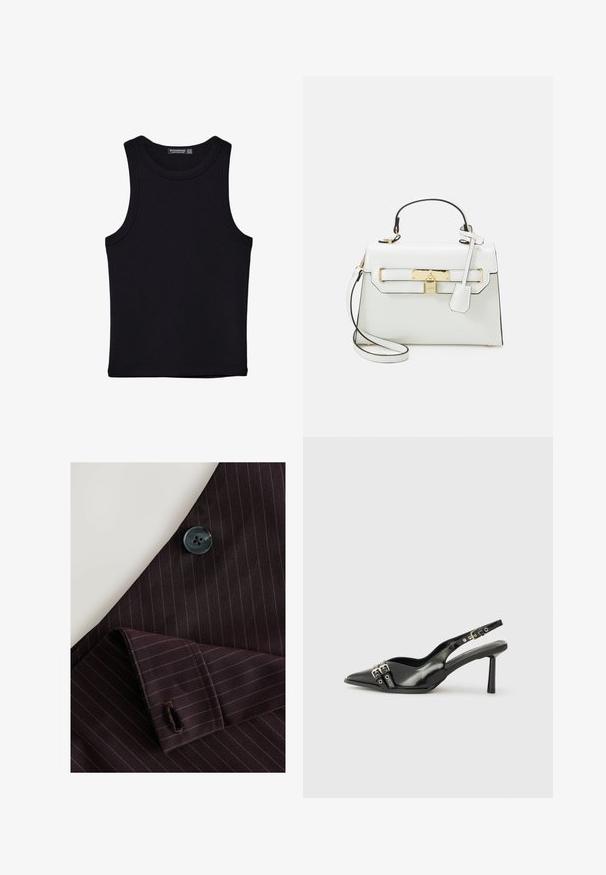 Črna majica brez rokavov iz bombaža, z okroglim izrezom in širokimi odprtinami za roke. Gladka tekstura s šivi na robovih. Klasičen, minimalističen dizajn.; Burgundska prugasta tkanina s crnim dugmetom i krojenim manžetama. Sadrži tanke pruge i detalj ušivene rupice za dugme.; Črne patentne usnjene sandale s koničastim nosom, zankami okoli gležnja s srebrnimi sponkami in opremo ter vitkimi petami.; Bela torbica z krokodiljim vzorcem, zlatimi dodatki, zgornjim ročajem in snemljivo naramnico; vključuje zaklep, preprost dizajn.