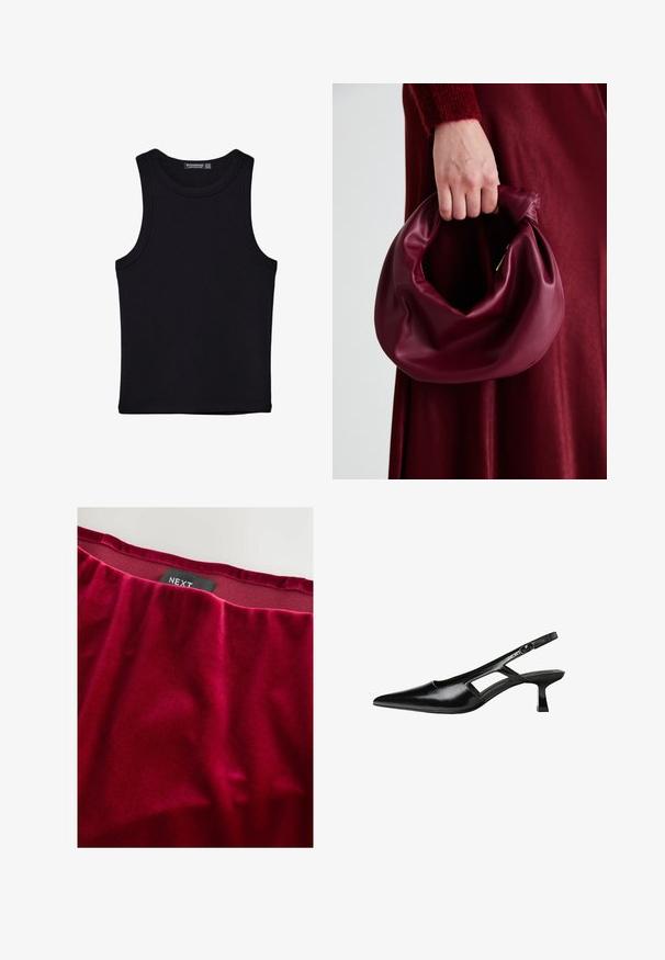 Čierny tank top vyrobený z bavlny, s okrúhlym výstrihom a širokými ramienkami. Hladká textúra so zošitými okrajmi. Klasický, minimalistický dizajn.; Červený zamatový materiál s hladkou textúrou, so zberaným pásom. Značka "NEXT" viditeľná blízko horného okraja.; Čierne lakované kožené lodičky na podpätku s špicatou špičkou, výrezovým dizajnom na boku a malým štvorcovým podpätkom. Hladký povrch s minimálnymi akcentmi.; Burgundská kožená kabelka s mäkkým, zhromaždeným dizajnom a zaobleným tvarom. Rukoväť je pevne zaisťujúca a vystavuje hladkú textúru.