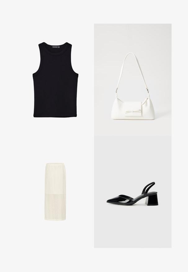 Čierny tank top vyrobený z bavlny, s okrúhlym výstrihom a širokými ramienkami. Hladká textúra so zošitými okrajmi. Klasický, minimalistický dizajn.; Biely midi sukne s textúrovaným čipkovým vzorom, mierne elastickým pásom a rovnou siluetou. Ľahká a vzdušná tkanina.; Čierne lakované kožené sandálové podpätky s špicatou špičkou a geometrickým blokovým podpätkom. Disponujú elegantným, minimalistickým dizajnom a hladkým povrchom.; Biela syntetická kabelka s trojuholníkovým tvarom, plochým predným klapkou a detailom mašle, nastaviteľným popruhom, hladkou textúrou a minimalistickým dizajnom.