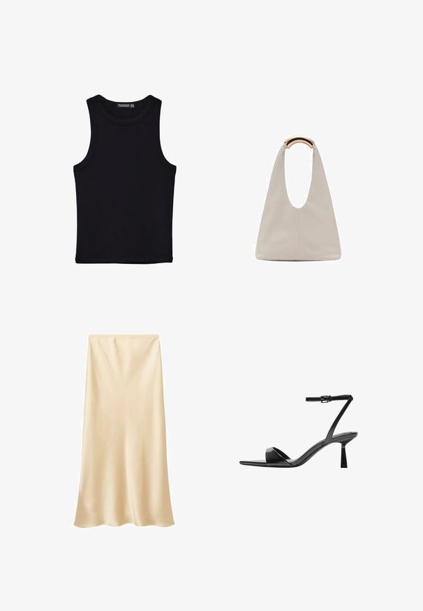 Crni top bez rukava od pamuka, s okruglim izrezom i širokim izrezima za ruke. Glatka tekstura s ušivenim rubovima. Klasičan, minimalistički dizajn.; Satin midi suknja u svijetloj bež boji. Glatka tekstura, teče dizajn s lagano proširenim rubom. Nema vidljivih zatvarača ili ukrasa.; Bershka Sandale s visokom petom - black; Svijetlosivi kožni torba s oblikom u slovo U i zakrivljenim metalnim drškom. Glatka tekstura s minimalnim šavovima i bez vidljivih uzoraka.