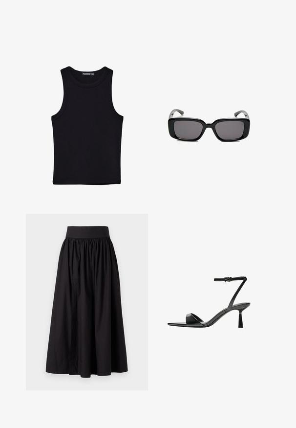 Sort tank top lavet af bomuld, med rund halsudskæring og brede armhuller. Glat tekstur med syede kanter. Klassisk, minimalistisk design.; Sort midi nederdel lavet af bomuld, med elastisk talje, samlet design og en glat, flydende tekstur. Ingen synlige mønstre eller detaljer.; Bershka Højhælede sandaletter / Højhælede sandaler - black; Sorte rektangulære solbriller med mørke linser, glat plastikramme og buede stænger. Designet er klodset med en minimalistisk æstetik.