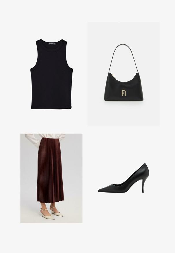 Černý top na ramínka vyrobený z bavlny, s kulatým výstřihem a širokými průramky. Hladká textura s prošitými lemy. Klasický, minimalistický design.; Plisovaná burgundská sukně s vysokým pasem, splývavým střihem a lesklou texturou, doplněná bílými wedges s řemínky kolem kotníků.; Černá kožená vysoká podpatková bota s špičatou špičkou, hladkým povrchem a štíhlým stiletto podpatkem, s minimalistickým designem.; Černá kabelka vyrobená z hladkého materiálu, s křivkovým tvarem, jediným popruhem a zlatým logem na přední straně.