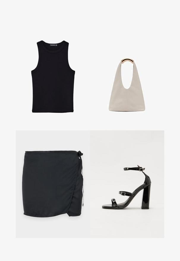 Czarny top na ramionczkach wykonany z bawełny, z okrągłym dekoltem i szerokimi wycięciami na ramionach. Gładka tekstura z przeszytymi brzegami. Klasyczny, minimalistyczny design.; Czarna spódnica do pływania z krojem kopertowym, wykonana z lekkiego materiału. Posiada zapięcie na boczny węzeł i gładką teksturę.; Czarne lakierowane sandały na wysokim obcasie, z dwoma paskami zapinanymi na klamry, kwadratowy nosek i masywny obcas typu słupek, o gładkiej, błyszczącej fakturze.; Jasnoszara skórzana torba o kształcie litery U z zakrzywionym metalowym uchwytem. Gładka tekstura z minimalnymi szwami i bez widocznych wzorów.