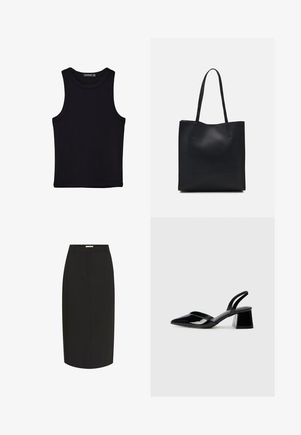 Svart linne i bomull, med rund halsringning och breda armhål. Slät yta med sydda fållar. Klassisk, minimalistisk design.; Svart blyertskjol gjord av mjuk tyg, med en figursydd silhuett, knälång design och fickor fram.; Svarta lackläder slingback klackar med spetsig tå och geometrisk klack. Har en elegant, minimalistisk design och slät yta.; Svart lädertoffelväska med slät textur, rektangulär form och två långa handtag. Ingen synlig hårdvara eller dekorationer.