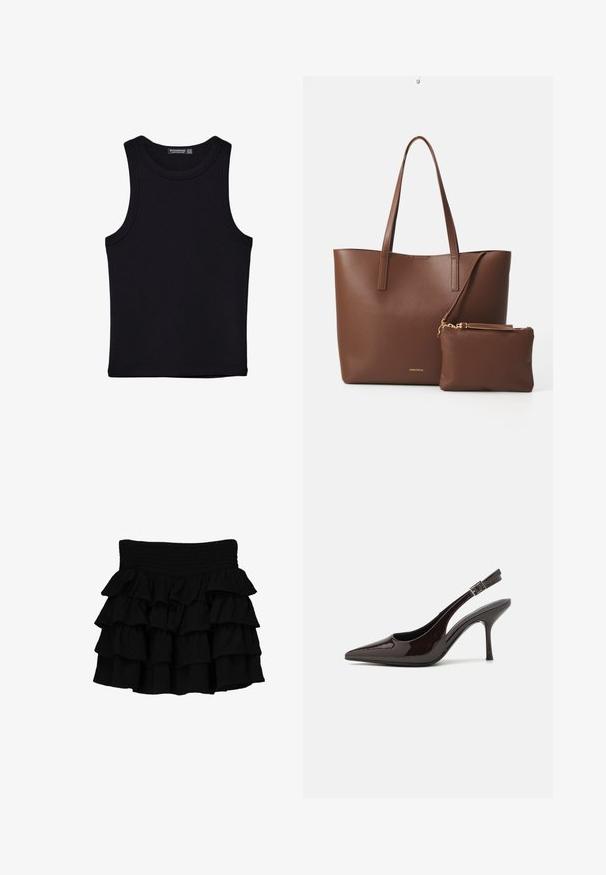 Crni top bez rukava od pamuka, s okruglim izrezom i širokim izrezima za ruke. Glatka tekstura s ušivenim rubovima. Klasičan, minimalistički dizajn.; Crna nabirana suknja s elastičnim pojasom, izrađena od mekog materijala s slojevitim, kaskadnim rufflesima za dodatnu teksturu.; Sandalice na visokom potpetici od sjajnog tamnosmeđeg lakiranog kože, s oštrim vrhom, otvorenim stranama i podesivom naramenicom.; Smeđa torba od umjetne kože s dva duga ručka i odgovarajućom malom torbicom. Površina ima teksturirani uzorak i zlatne metalne detalje.